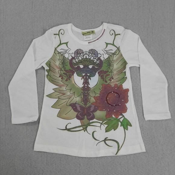 Little Mass Girls Outfit 4 White Graphic Top & Blue Patchwork Flare Jeans Y2K - Picture 3 of 16